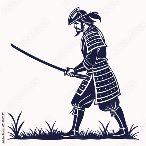A lone samurai warrior in traditional armor stands ready with his katana sword drawn in a stylized silhouette against a light background