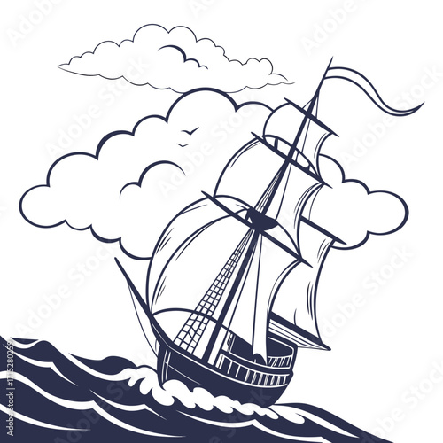 A majestic sailing ship navigates through choppy ocean waves under a cloudy sky with birds flying