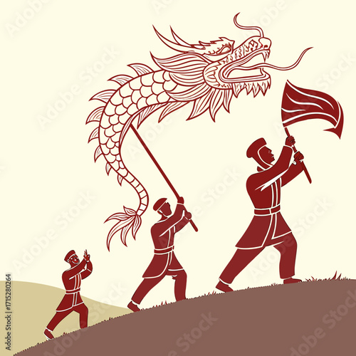 Traditional chinese dragon dance procession with figures carrying a large dragon puppet and a flag up a hill