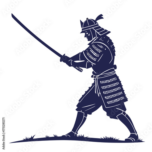 A silhouette of a samurai warrior in traditional armor holding a katana sword in a dynamic fighting stance on a grassy field