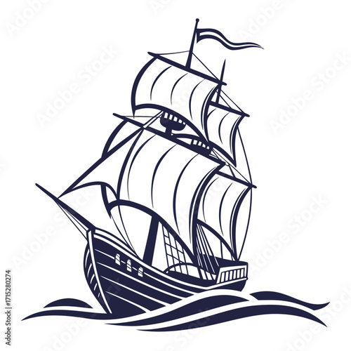A majestic tall ship with full sails glides across stylized ocean waves under a clear sky
