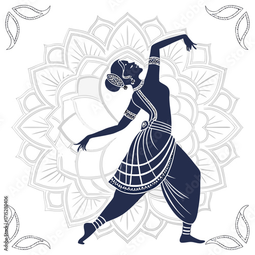 Elegant indian classical dancer silhouette performing a graceful pose against a decorative mandala background