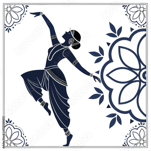 Elegant indian dancer in traditional costume performs a graceful pose surrounded by decorative mandala patterns and floral motifs