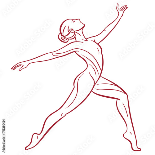 Elegant female dancer in a dynamic pose with arms extended upwards and outwards against a white background