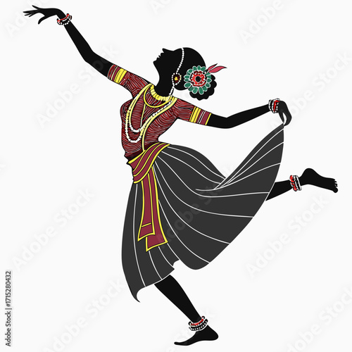 Elegant indian dancer in traditional attire gracefully performing a classical dance pose with flowing skirt and ornate jewelry