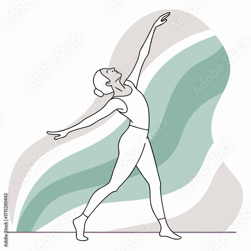 Elegant minimalist line art illustration of a graceful ballet dancer in a dynamic pose with flowing abstract background