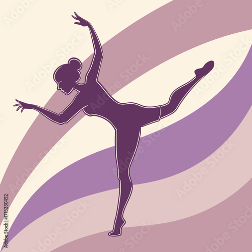 Elegant silhouette of a ballet dancer performing a graceful pose against a softly striped purple and cream background