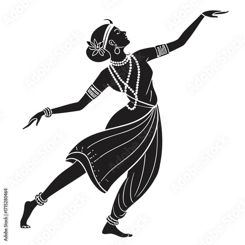 Elegant silhouette of a traditional indian dancer in a graceful pose adorned with jewelry