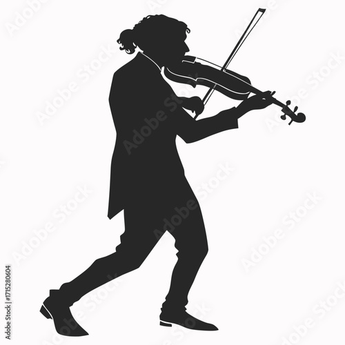 Silhouette of a male violinist playing with passion and energy in a formal suit on a white background