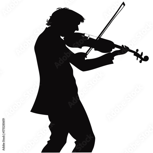 Silhouette of a man playing the violin with passion and focus on a white background