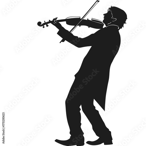 Silhouette of a male violinist playing with passion and intensity against a white background