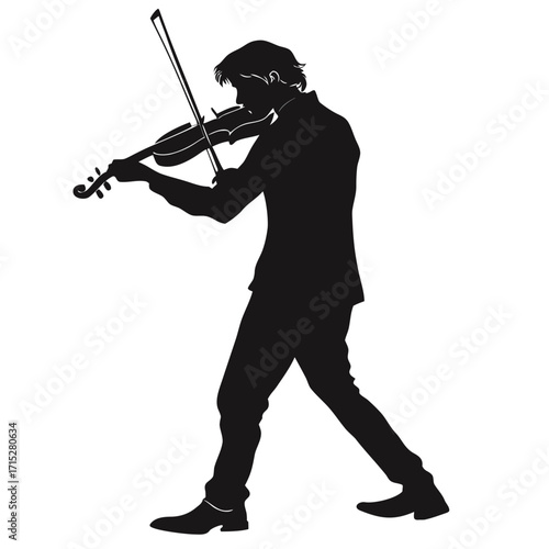 Silhouette of a man in a suit playing the violin with focus and passion on a white background