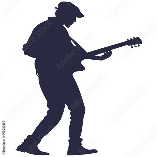 Silhouette of a man wearing a cap playing an electric guitar with a strap on a white background