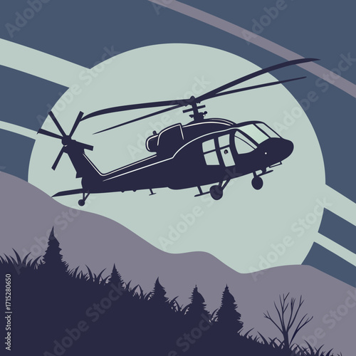 Silhouette of a military attack helicopter flying over a forested mountain landscape at dusk with a large moon behind it