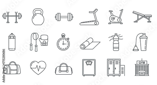 Collection of Simple Line Art Gym Equipment Icons for Fitness and Exercise.