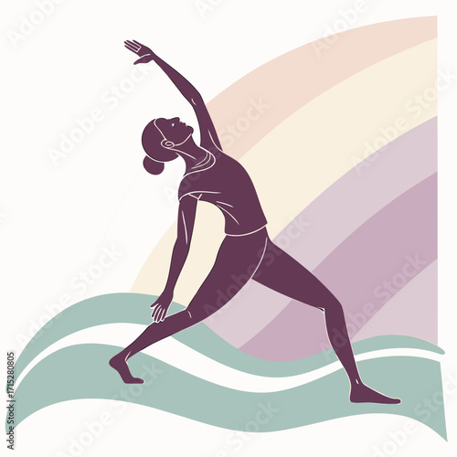Stylized silhouette of a woman in a warrior two yoga pose with abstract waves and pastel rainbow background