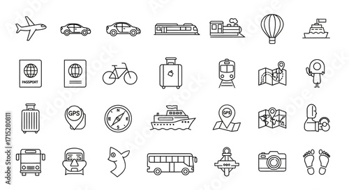 Collection of Travel Icons in Black and White Outlines, Representing Transportation and Tourism.