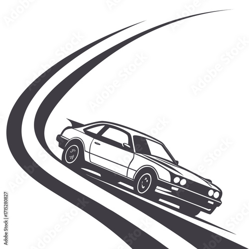 Stylized vintage coupe car speeding around a sharp curve on a racetrack with motion blur effect