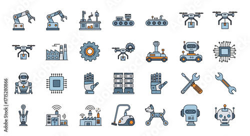 Collection of Various Industrial and Technological Icons in a Flat Design Style.