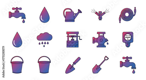 Collection of Water Icons for Irrigation and Plumbing.