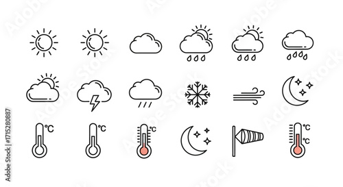 Collection of Weather Icons Depicting Sun, Clouds, Rain, Snow, and Temperature.