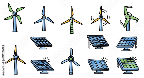 Collection of Wind Turbines and Solar Panels, Cartoon Style, Renewable Energy.