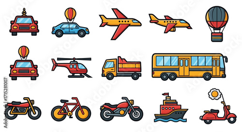 Colorful Cartoon Transportation Vehicles Collection with Various Styles and Designs.