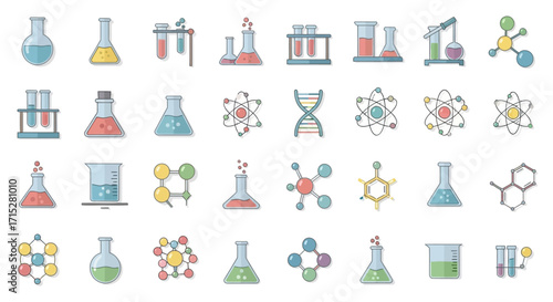Colorful Chemistry Icons - Erlenmeyer Flasks, Beakers, Molecules, and DNA.