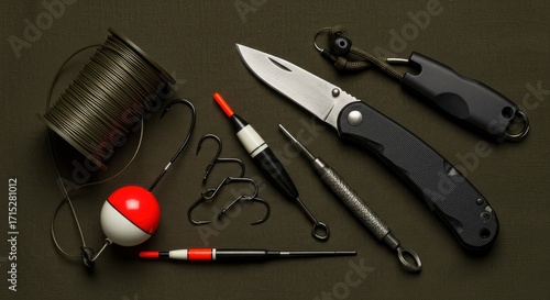 Essential Fishing Tackle and Angling Gear Flat Lay with Knife