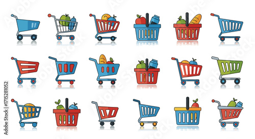 Colorful collection of glossy shopping cart and basket icons, some empty and others filled with various groceries.