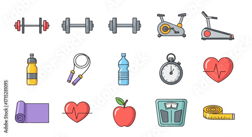 Colorful Fitness Icons Set for Healthy Lifestyle.