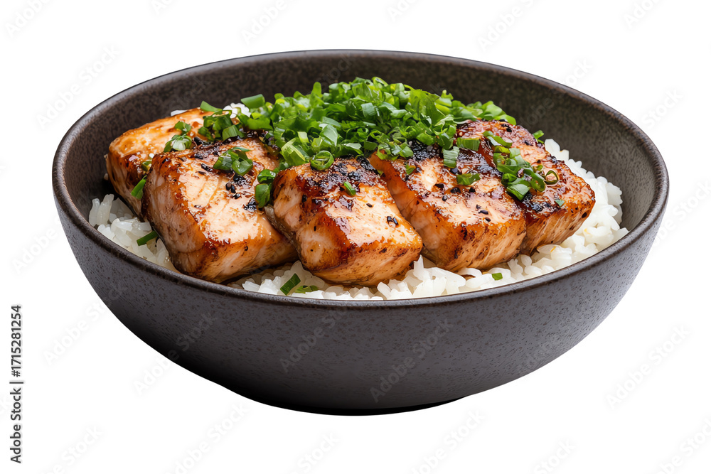 Fototapeta premium Delicious grilled salmon fillets served on a bed of white rice topped with fresh green onions.