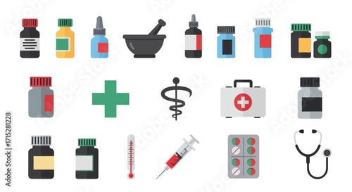 Colorful flat vector icons of diverse medical and pharmaceutical supplies, including bottles, syringe, stethoscope, and healthcare symbols.