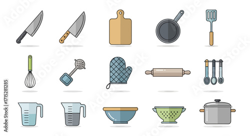 Colorful Flat-Style Kitchen Utensil and Cookware Icons Set.