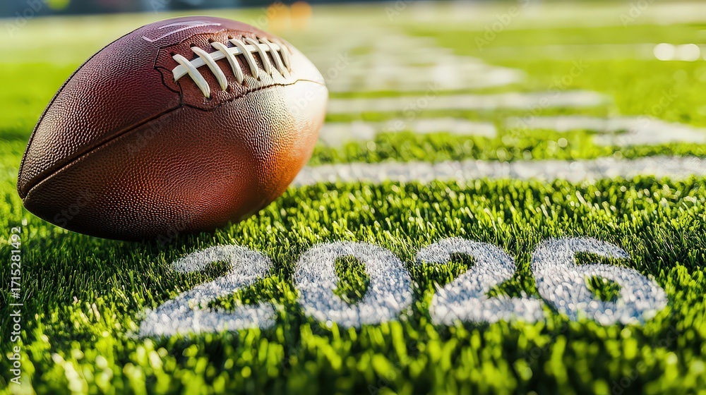 Obraz premium An american football with the year 2026 written on the grass of a football field, symbolizing the upcoming season and future games