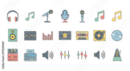 Colorful Music and Audio Equipment Icons - Headphones, Microphone, Speakers, and Vinyl Records.