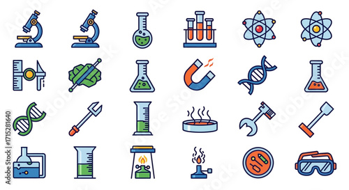Colorful Science Icons Set - Microscope, Flasks, Atom, DNA, and More.