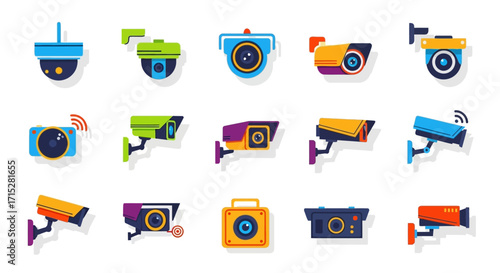 Colorful Security Camera Collection - Surveillance Devices in Various Styles and Mounts.
