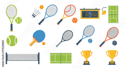 Colorful Vector Illustration of Tennis Equipment and Sports Accessories Collection.