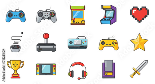 Colorful Vector Illustration of Various Gaming Icons and Accessories.