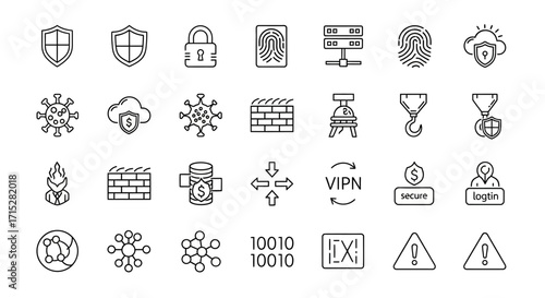 Cybersecurity and Data Protection Icons - Shield, Lock, Fingerprint, Cloud, and Network Elements.