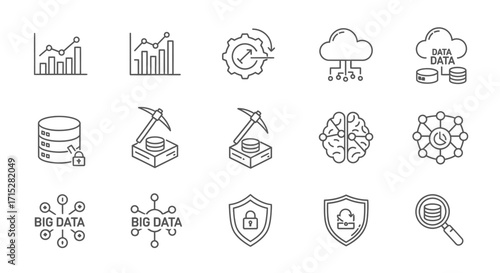 Data Analytics Line Icons Set - Charts, Cloud Computing, Security, and Data Mining.