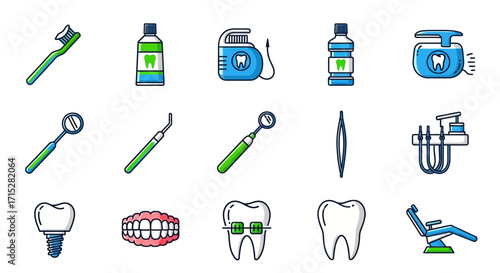Dental Care Tools - Toothbrush, Mouthwash, Floss, and Instruments Collection.
