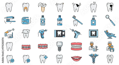 Dental Care Icons - Teeth, Tools, and Hygiene Products in Doodle Style.