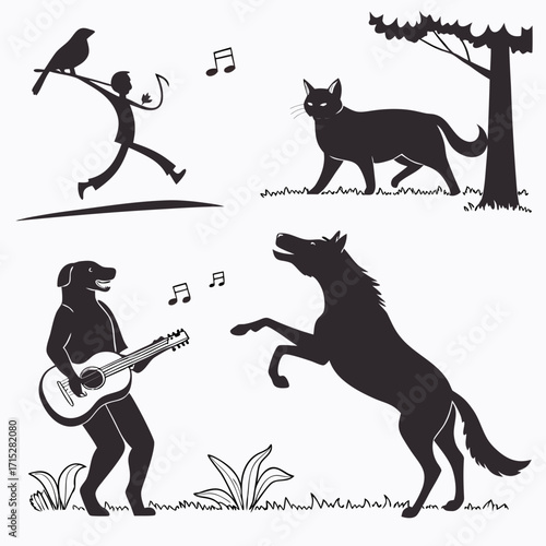 “Animal silhouette with activity combo set: running dog, singing bird, yoga cat, dancing horse, guitar wolf, animal music & fitness silhouettes for nature, pet themes, unique lifestyle designs”