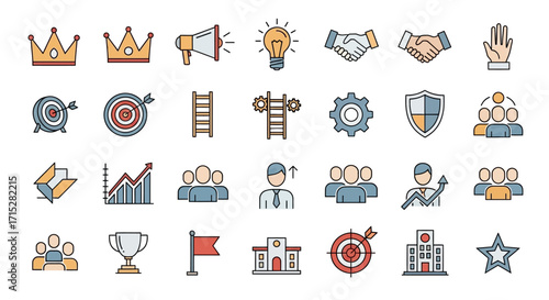 Diverse collection of vibrant line art icons representing business success, achievement, strategy, and teamwork concepts.
