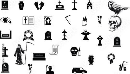 Halloween graveyard icons vector set with tombstones, skulls, coffins and spooky death symbols