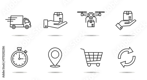 Eight Outline Delivery and Logistics Icons Set with Truck, Drone, Hands, Stopwatch, Map Pin, Cart, and Refresh Arrows.