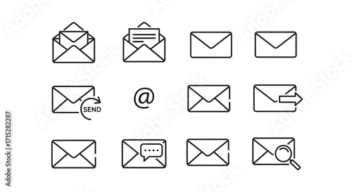 Email and message icon set in a simple, textured black outline style on a white background.