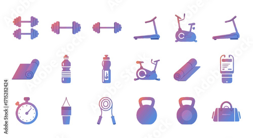 Gradient Fitness Icon Set - Dumbbells, Exercise Bikes, Treadmills, Yoga Mats, and More.
